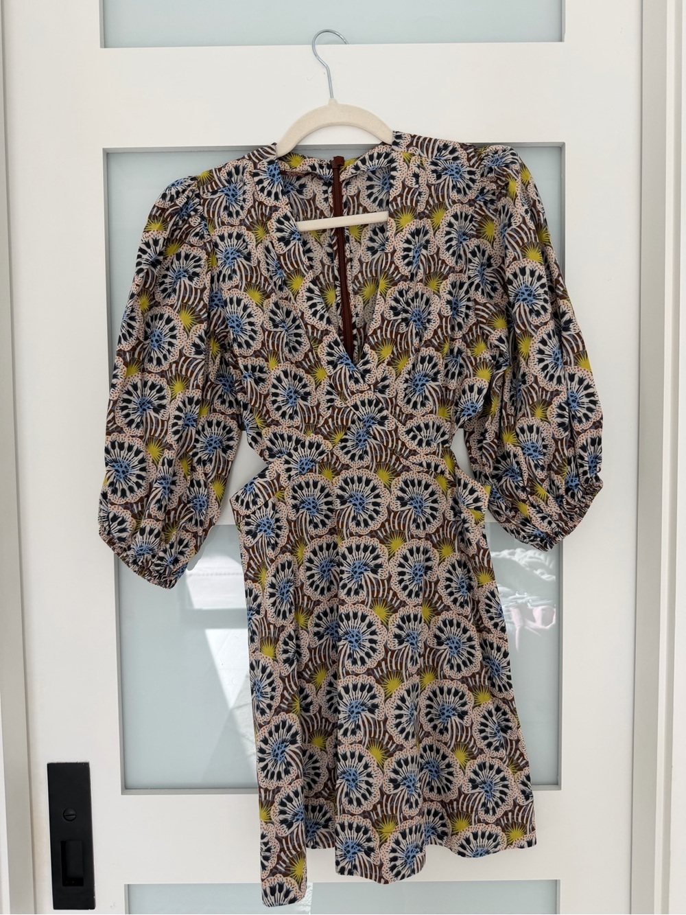 Alexis Floral Puff-Sleeve Mini Dress in Beige, Blue, and Yellow